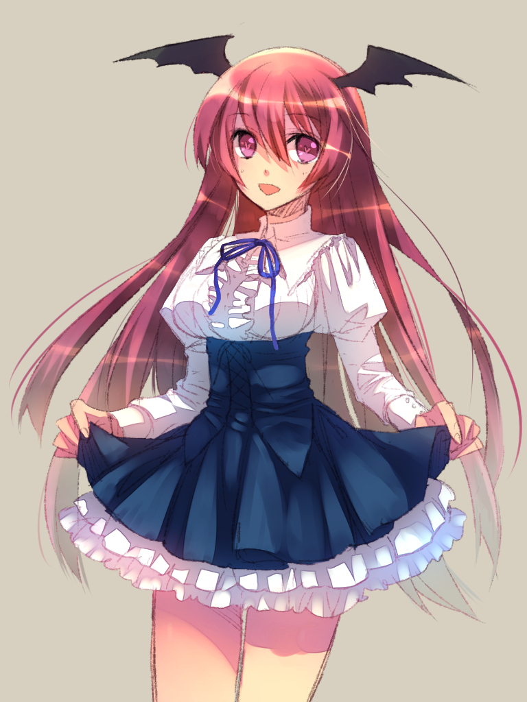 1girl, alternate_costume, bare_legs, bat_wings, blush, breasts, head_wings, heart