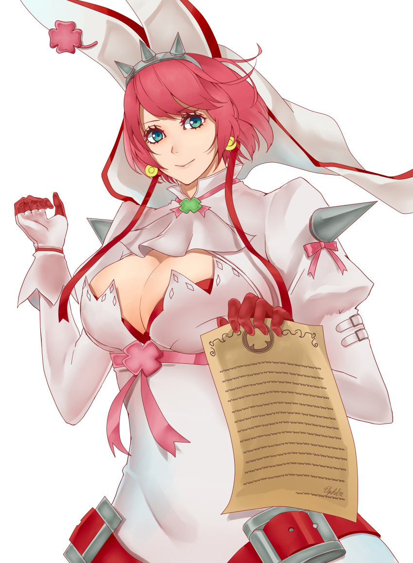1girl, absurdres, blue_eyes, breasts, cleavage, cleavage_cutout, clover, contract