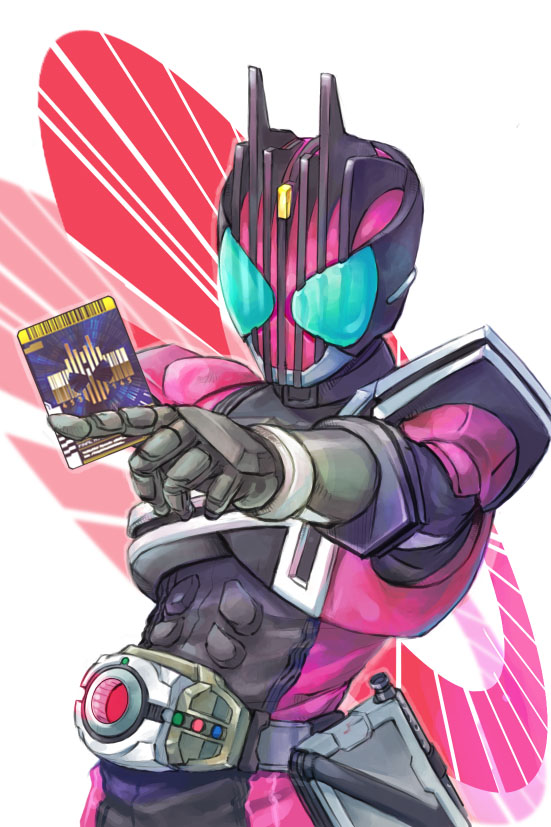 1boy, belt, card, holding, holding_card, kamen_rider, kamen_rider_dcd, kamen_rider_decade, male_focus, ojisan_bosatsu, solo