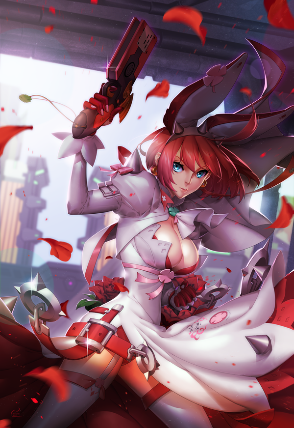 blue_eyes, breasts, cleavage, clover, elphelt_valentine, garter_straps, guilty_gear, guilty_gear_xrd, gun, kevintut, petals, pink_hair, thigh-highs, weapon, white_legwear