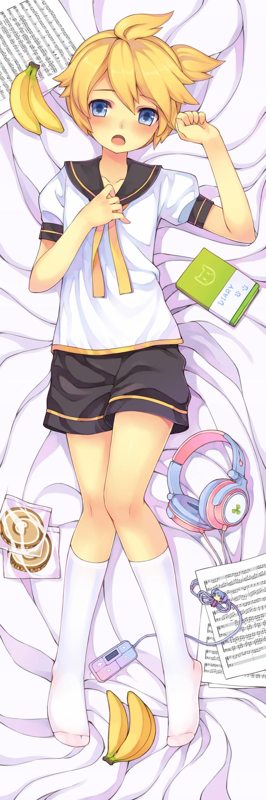 1boy, absurdres, banana, blonde_hair, blue_eyes, blush, dakimakura, diary