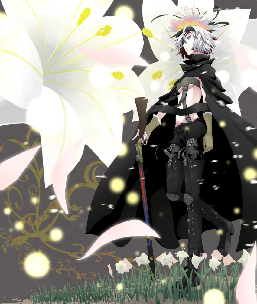 1girl, breasts, cape, flower, fremy_speeddraw, ginsyu, hair_flower, hair_ornament
