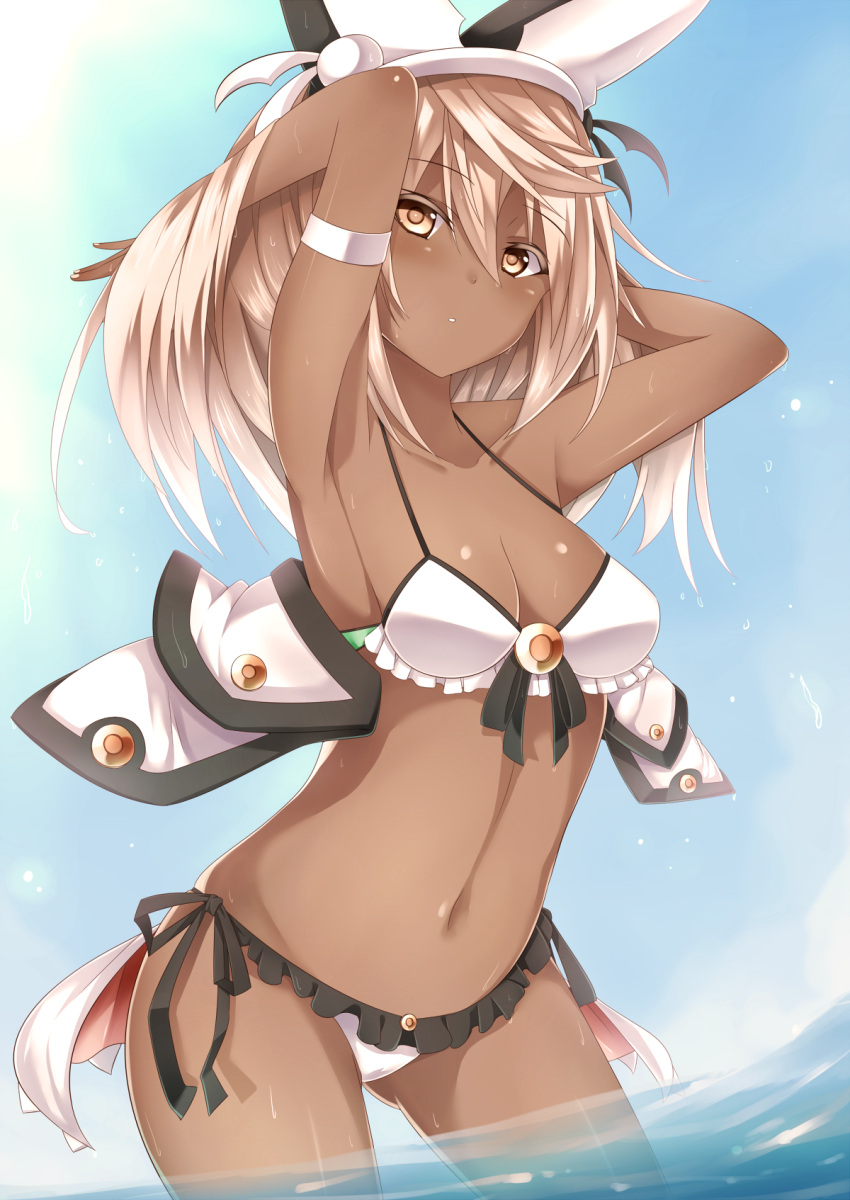 1girl, armpits, arms_up, bikini, bikini_bottom, bikini_top, blonde_hair, dark_skin, frilled_bikini, frills, guilty_gear, guilty_gear_xrd, hat, highres, inaba_sunimi, midriff, navel, ramlethal_valentine, solo, swimsuit, water, yellow_eyes