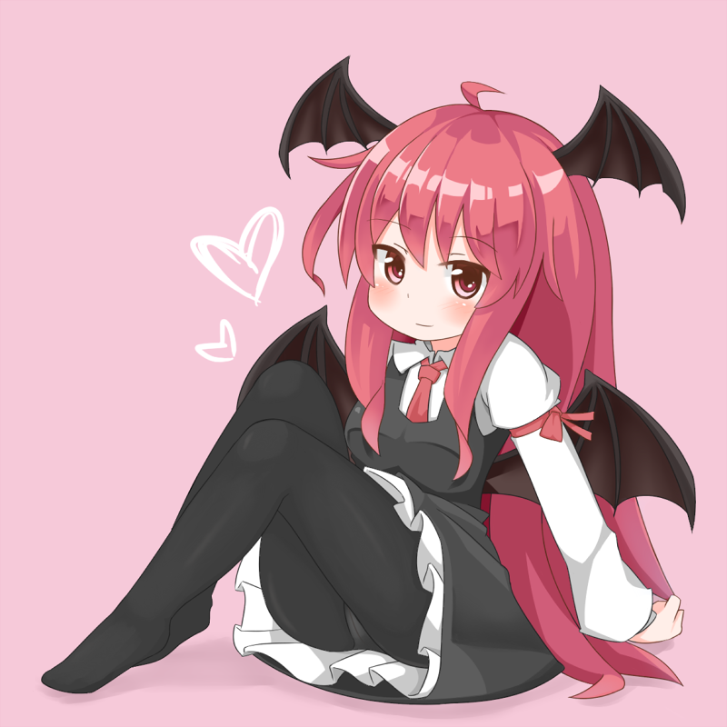 1girl, ahoge, armband, bat_wings, black_legwear, blush, head_wings, heart, knees_up, koakuma, light_smile, long_hair, long_sleeves, looking_at_viewer, maaji_(peinsaikouda), necktie, no_shoes, panties, panties_under_pantyhose, pantyhose, pink_background, red_eyes, redhead, simple_background, sitting, skirt, skirt_set, solo, touhou, underwear, very_long_hair, wings