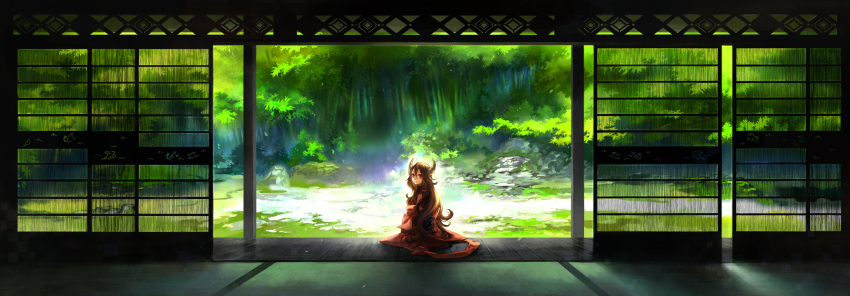 forest, highres, horns, japanese_clothes, jimu_kaji, kimono, long_hair, long_image