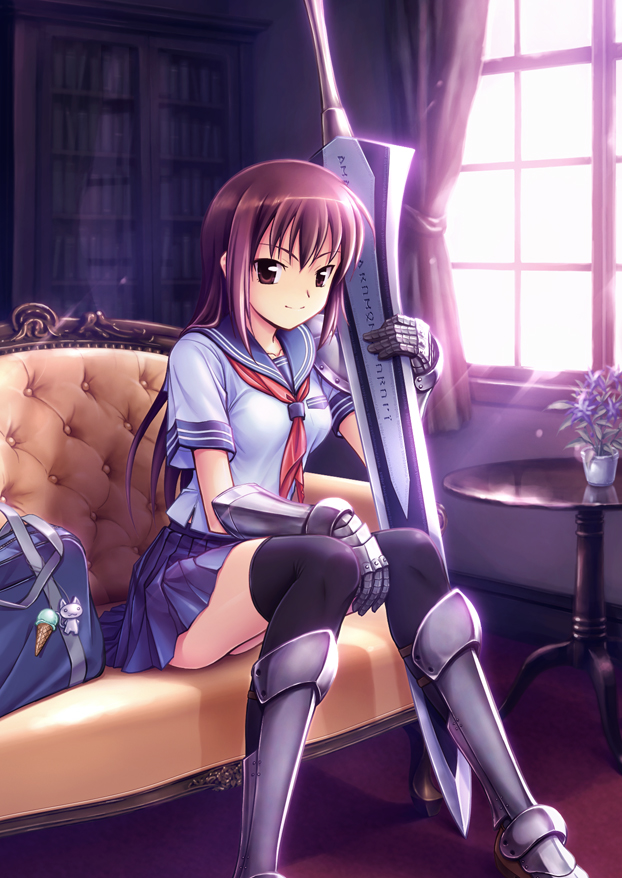 bag, black_legwear, black_thighhighs, bookbag, brown_eyes, brown_hair, couch, curtains