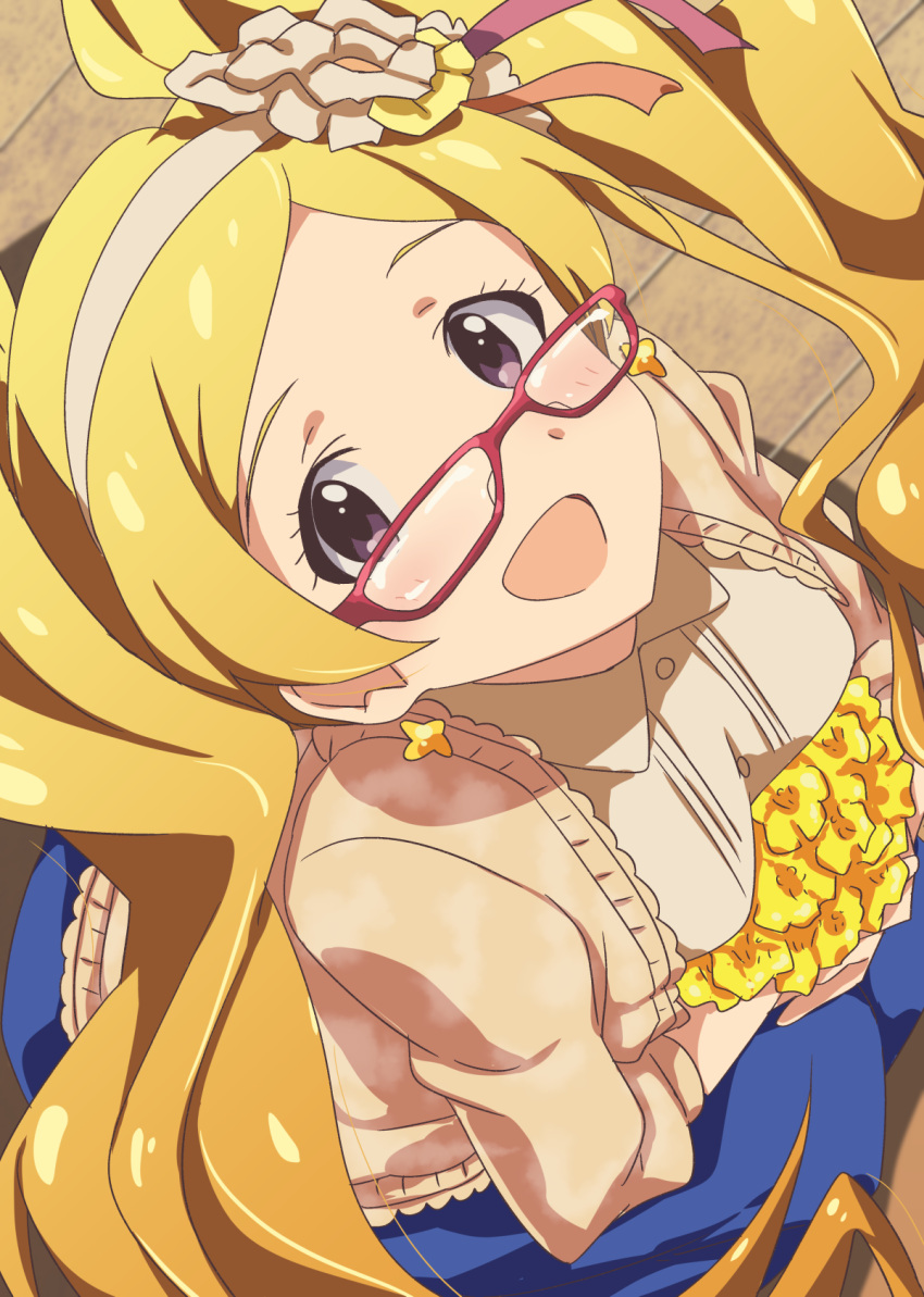1girl, :d, bespectacled, blonde_hair, emily_stewart, flower, glasses, hairband