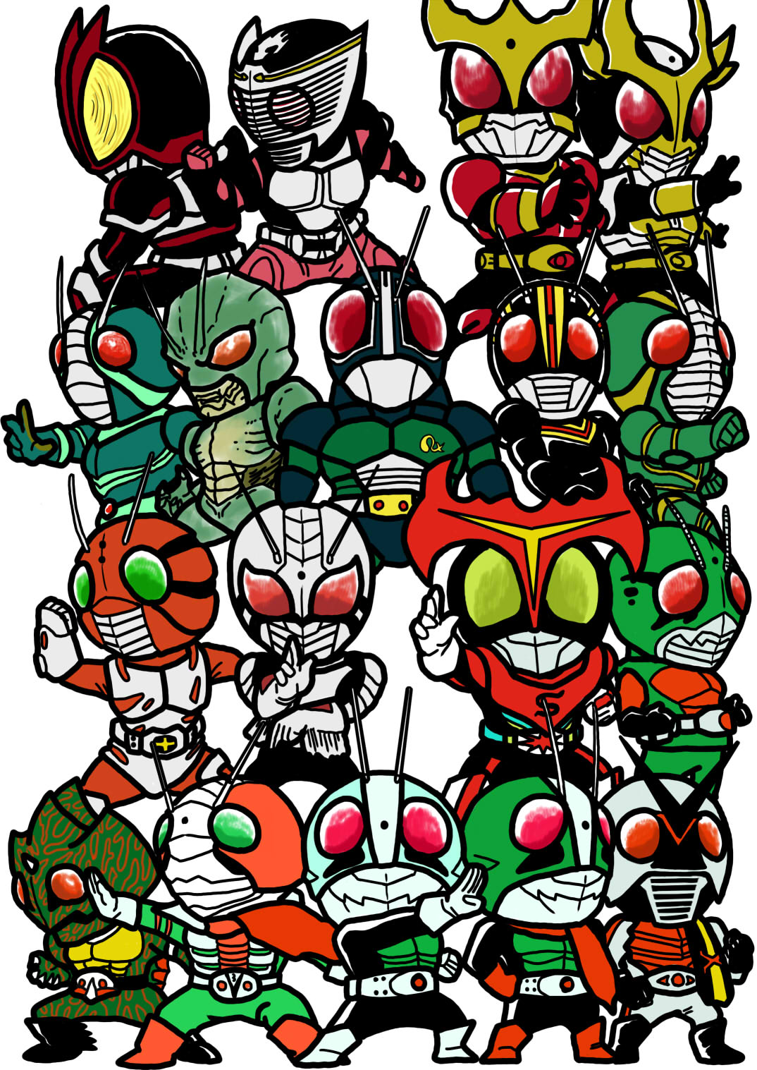6+boys, antennae, chibi, everyone, highres, kamen_rider, kamen_rider_(series), kamen_rider_1