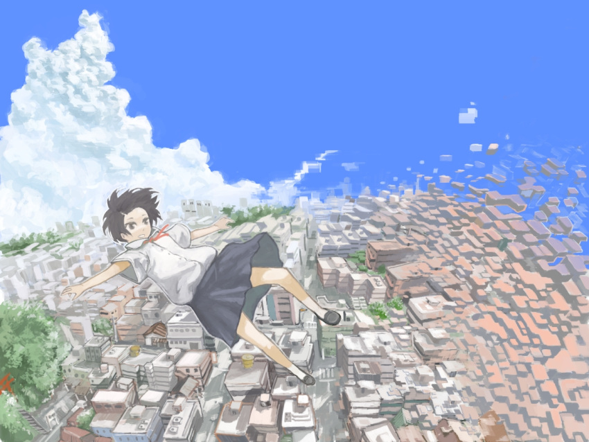black_hair, city, cloud, clouds, digital, digital_dissolve, midair, mo-mo-ride