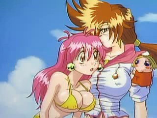 2girls, bikini, brown_eyes, brown_hair, cool_devices, glasses, pink_hair, swimsuit