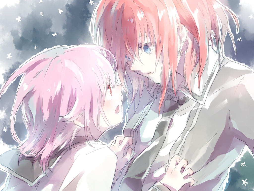 1boy, 1girl, blue_eyes, fumiharu, houkago_no_pleiades, long_hair, looking_at_another, minato_(houkago_no_pleiades), pink_hair, red_eyes, redhead, school_uniform, short_hair, subaru_(houkago_no_pleiades)