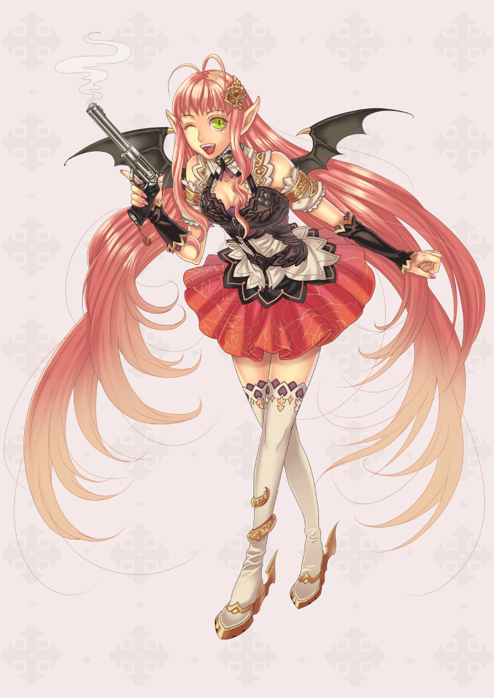 bare_shoulders, bat_wings, fangs, green_eyes, gun, handgun, hatake_michi, hatakemichi