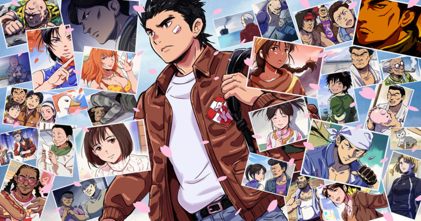 6+boys, 6+girls, :d, bald, baribari4649, black_hair, breasts, brown_eyes, brown_hair, cat, cleavage, closed_eyes, everyone, frown, hazuki_ryou, hong_xiu_ying, hot_dog, jacket, joy_(shenmue), ling_shen_hua, long_hair, multiple_boys, multiple_girls, open_mouth, petals, photo_(object), piggy_bank, shenmue, short_hair, smile