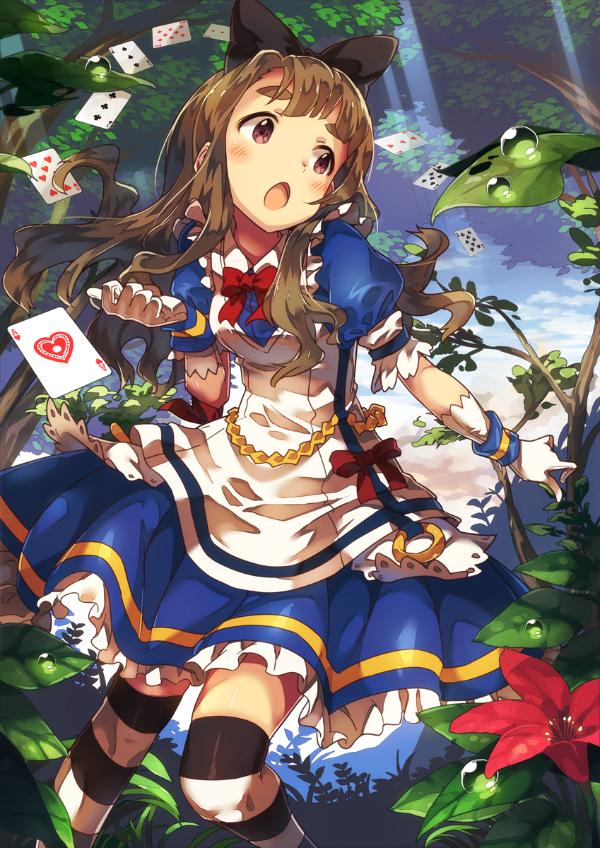 1girl, :o, alice_(wonderland)_(cosplay), apron, bangs, black_ribbon, blue_dress, brown_eyes