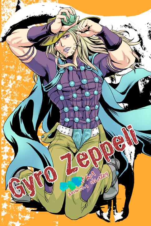 ball, blonde_hair, character_name, cowboy_hat, dated, facial_hair, gyro_zeppeli, hat