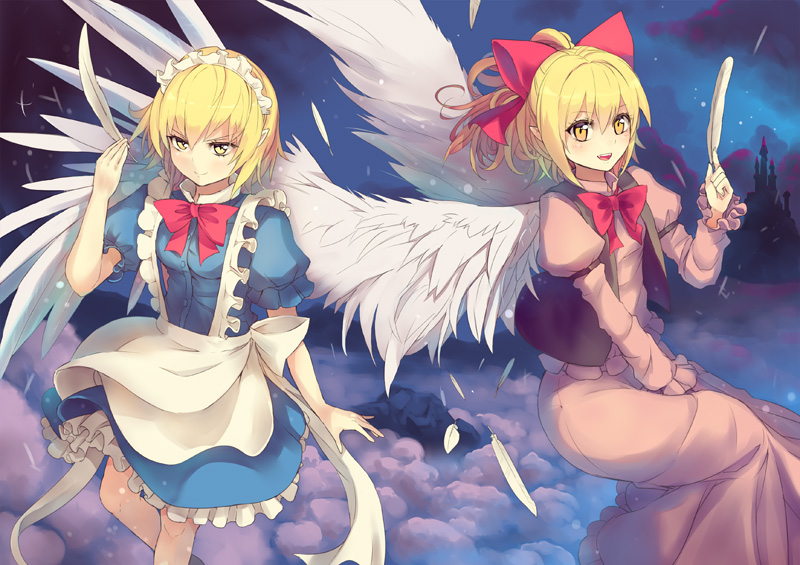 2girls, angel_wings, apron, blonde_hair, blue_dress, castle, clouds, culter