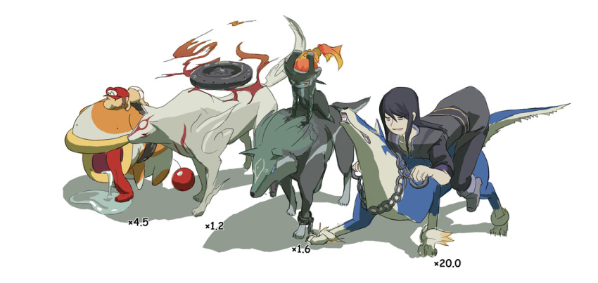 amaterasu, black_hair, brown_hair, chain, chains, crossover, dog, hat, helmet, link, link_(wolf), long_hair, mario, midna, multiple_boys, nintendo, okami, oom, poochy_(yoshi's_island), repede, straddle, super_mario_bros., tales_of_(series), tales_of_vesperia, the_legend_of_zelda, twilight_princess, wii_version, wolf, yuri_lowell