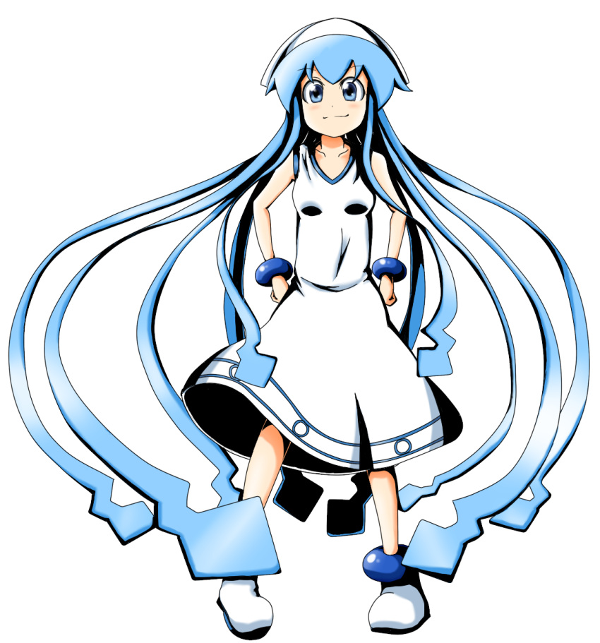 1girl, ankle_boots, bare_arms, blue_eyes, blue_hair, blush, boots, bracelet, collarbone, dress, full_body, hands_on_hips, hat, highres, ikamusume, jewelry, k.u.n.e., long_hair, looking_at_viewer, shinryaku!_ikamusume, small_breasts, smile, solo, squid_hat, sundress, tentacle_hair, very_long_hair