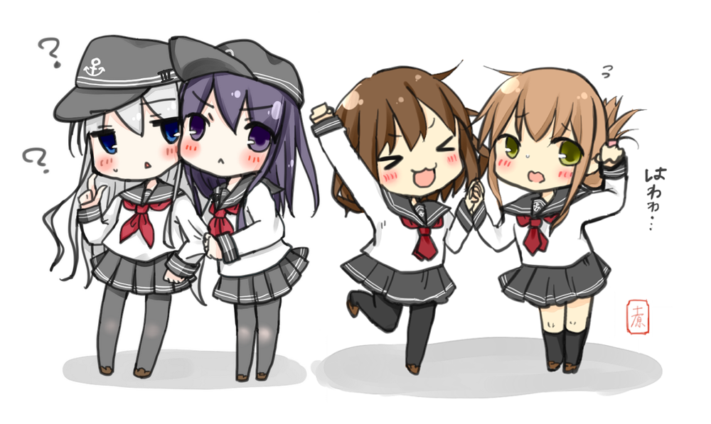 >_<, akatsuki_(kantai_collection), anchor_symbol, black_legwear, blue_eyes, blush_stickers, brown_eyes, brown_hair