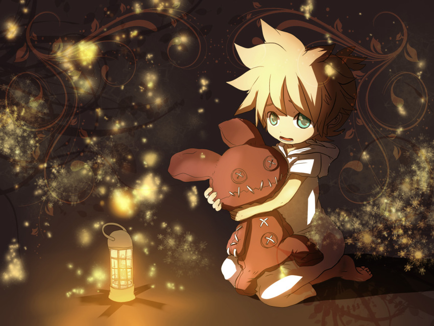 barefoot, bear, blonde_hair, child, hooded_jacket, itaru, kagamine_len, lamp