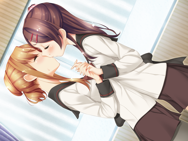 2girls, aida_takanobu, blonde_hair, blush, brown_hair, closed_eyes, hair_bun, hair_ornament, hairclip, half_updo, holding_hands, interlocked_fingers, kiss, long_hair, multiple_girls, one_side_up, onohara_hazuki, pantyhose, school_uniform, scrunchie, serafuku, skirt, sono_hanabira_ni_kuchizuke_wo, suou_manami, sweat, yuri
