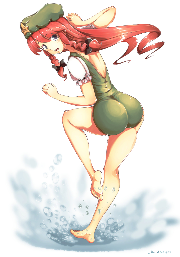 1girl, adapted_costume, ass, backless_outfit, barefoot, beret, blue_eyes, frilled_sleeves