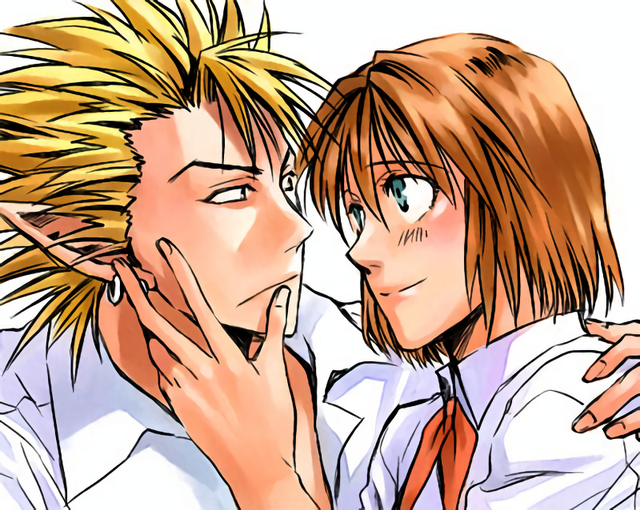 1boy, 1girl, anezaki_mamori, blonde_hair, blue_eyes, brown_hair, couple, earrings
