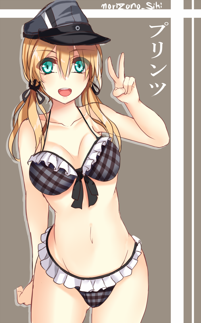 1girl, bikini, blonde_hair, blue_eyes, clock_(clockart), hat, kantai_collection, long_hair, peaked_cap, prinz_eugen_(kantai_collection), swimsuit, twintails, v