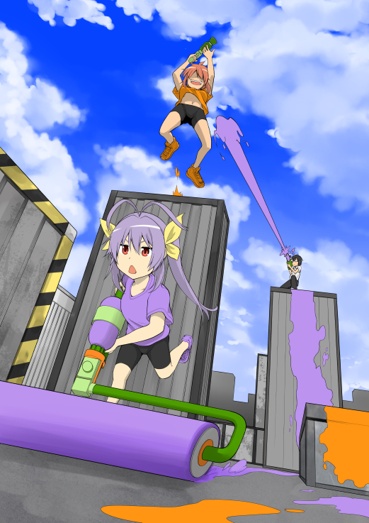 1boy, 2girls, antenna_hair, bike_shorts, black_hair, clouds, cloudy_sky, crossover