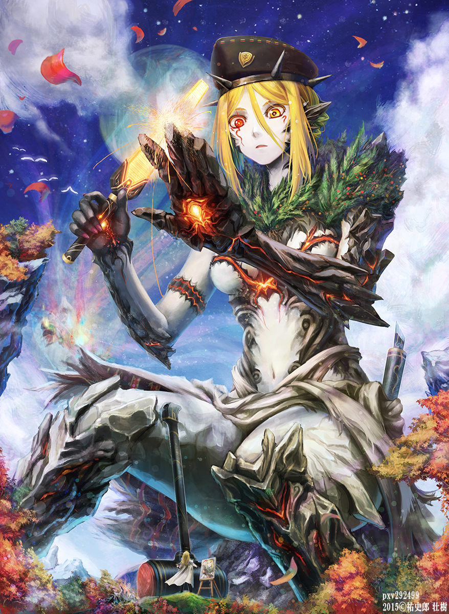2girls, blonde_hair, breasts, canvas_(object), giantess, golem, hammer, hat