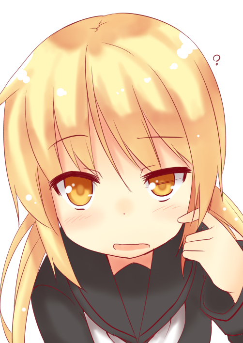 1girl, ?, binsen, blonde_hair, kantai_collection, looking_at_viewer, satsuki_(kantai_collection), school_uniform