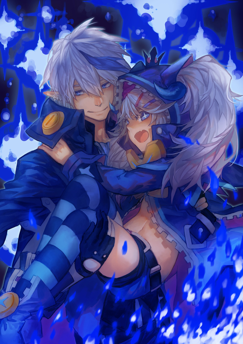 1boy, 1girl, :d, blue, blue_background, blue_hair, blue_legwear, carrying