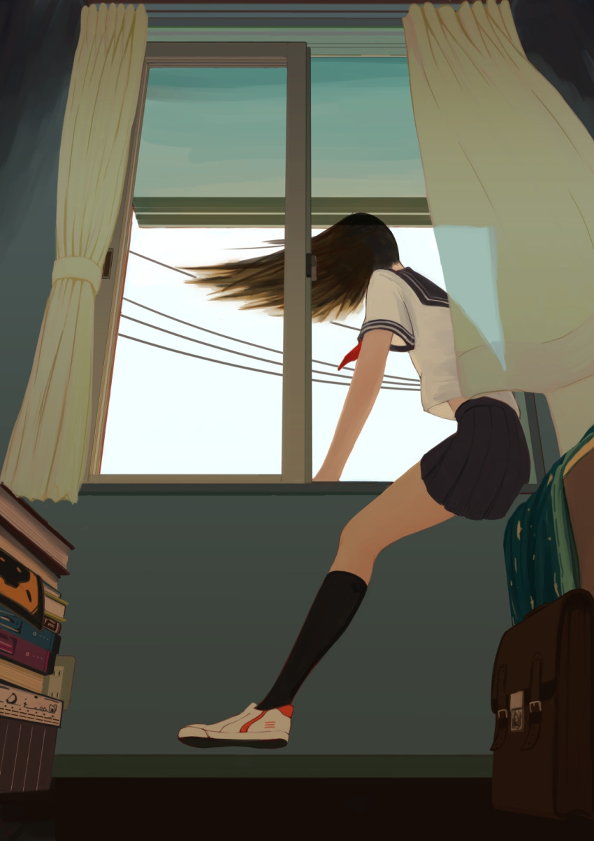 1girl, bag, black_legwear, book_stack, brown_hair, hieda_yawe, highres, kneehighs