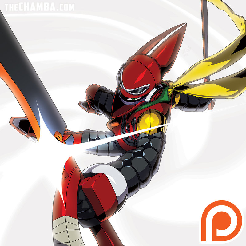 dual_wielding, goggles, goggles_on_head, green_eyes, jeffrey_cruz, lens_flare, mighty_no._7, mighty_no._9, reverse_grip, robot, scarf, scissor_blade, solo, weapon