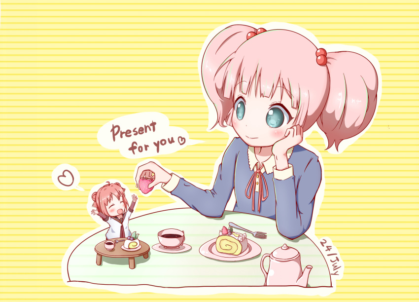 2girls, :d, ^_^, akaza_akari, aqua_eyes, arms_up, closed_eyes, cup, dated, dessert, english, fire_(pixiv), food, fork, fruit, hair_bobbles, hair_ornament, hand_on_own_cheek, highres, minigirl, multiple_girls, open_mouth, pink_hair, redhead, school_uniform, serafuku, size_difference, smile, strawberry, table, tea, teacup, teapot, twintails, yoshikawa_chinatsu, yuru_yuri