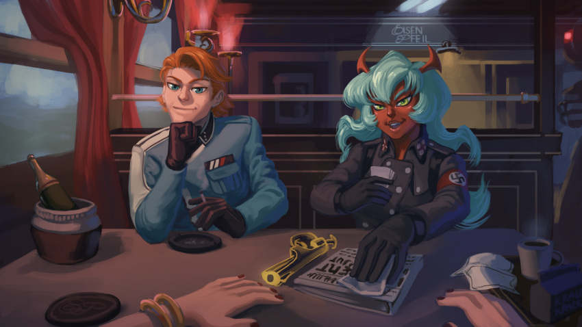 1boy, 2girls, armband, bangle, black_gloves, blue_eyes, bracelet, brief_(psg), crowbar_tk-hullo, demon_girl, gloves, golden_gun, green_hair, horns, jewelry, long_hair, looking_at_viewer, military, military_uniform, multiple_girls, nazi, no_glasses, orange_hair, panty_&amp;_stocking_with_garterbelt, panty_(psg), parody, pov, red_skin, scanty_(psg), uniform, wolfenstein:_the_new_order