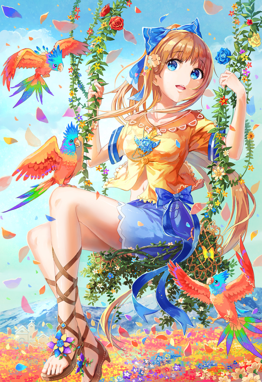 1girl, bird, bird_on_leg, blue_eyes, blue_ribbon, bow, brown_hair, colorful, cross-laced_footwear, eikura_(matti), field, flower, full_body, hair_bow, hair_ornament, hair_ribbon, hexagram, highres, jewelry, long_hair, mountain, necklace, open_mouth, original, parrot, ponytail, ribbon, sandals, skirt, sky, solo, star_of_david, swing, swing_set, very_long_hair, vines