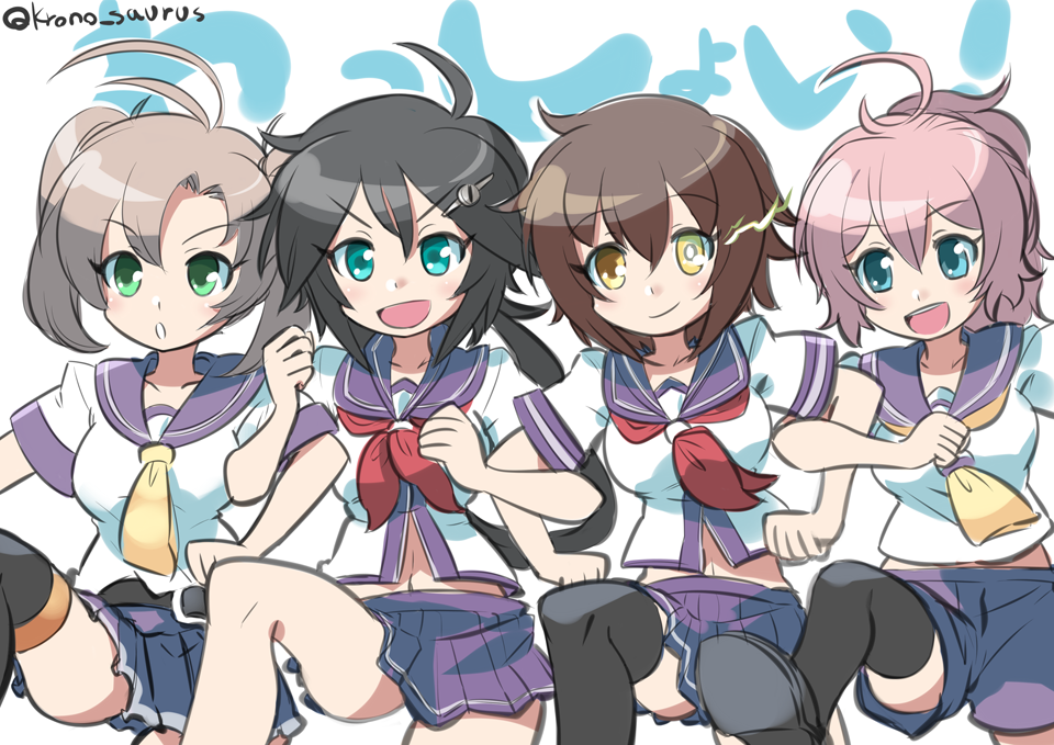4girls, ahoge, aoba_(kantai_collection), aqua_eyes, black_hair, black_legwear, brown_hair, furutaka_(kantai_collection)