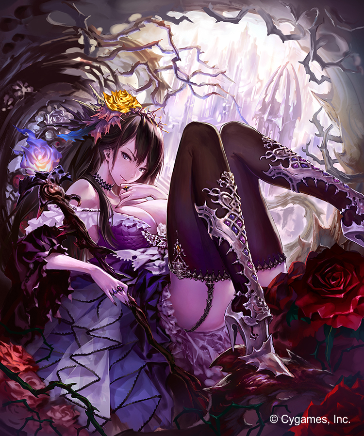 1girl, ass, bare_shoulders, black_hair, black_legwear, blue_eyes, boots, breasts, choker, cleavage, crown_of_thorns, dress, fingernails, flower, garter_straps, granblue_fantasy, hair_flower, hair_ornament, hand_to_own_mouth, high_heel_boots, high_heels, hisakata_souji, jewelry, large_breasts, long_fingernails, long_hair, lying, nail_polish, pinky_out, purple_dress, ring, shingeki_no_bahamut, solo, staff, thigh-highs, thigh_boots, watermark