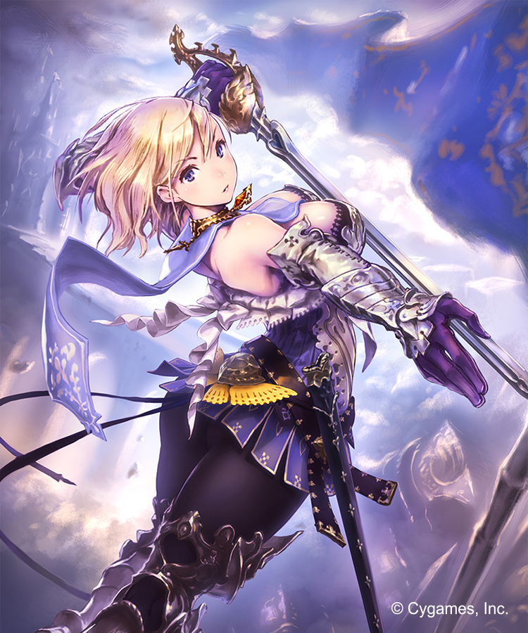 1girl, arched_back, armor, ass, belt, blonde_hair, breasts, brooch