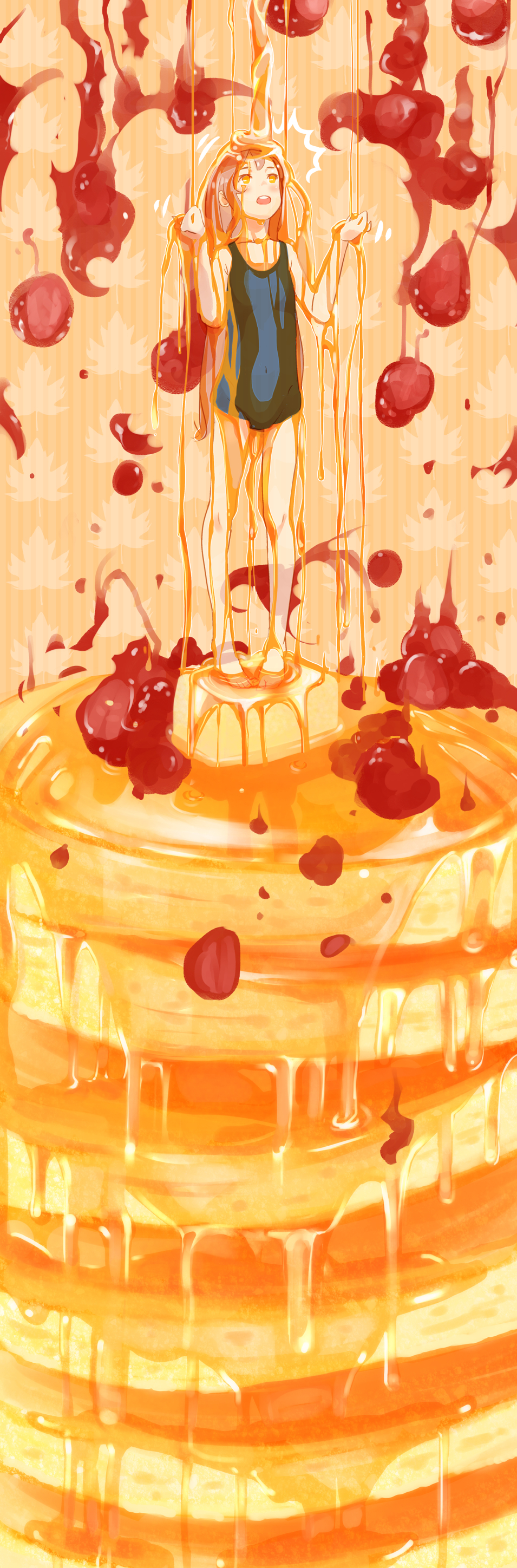 1girl, absurdres, butter, covered_navel, food, fruit, highres, long_hair