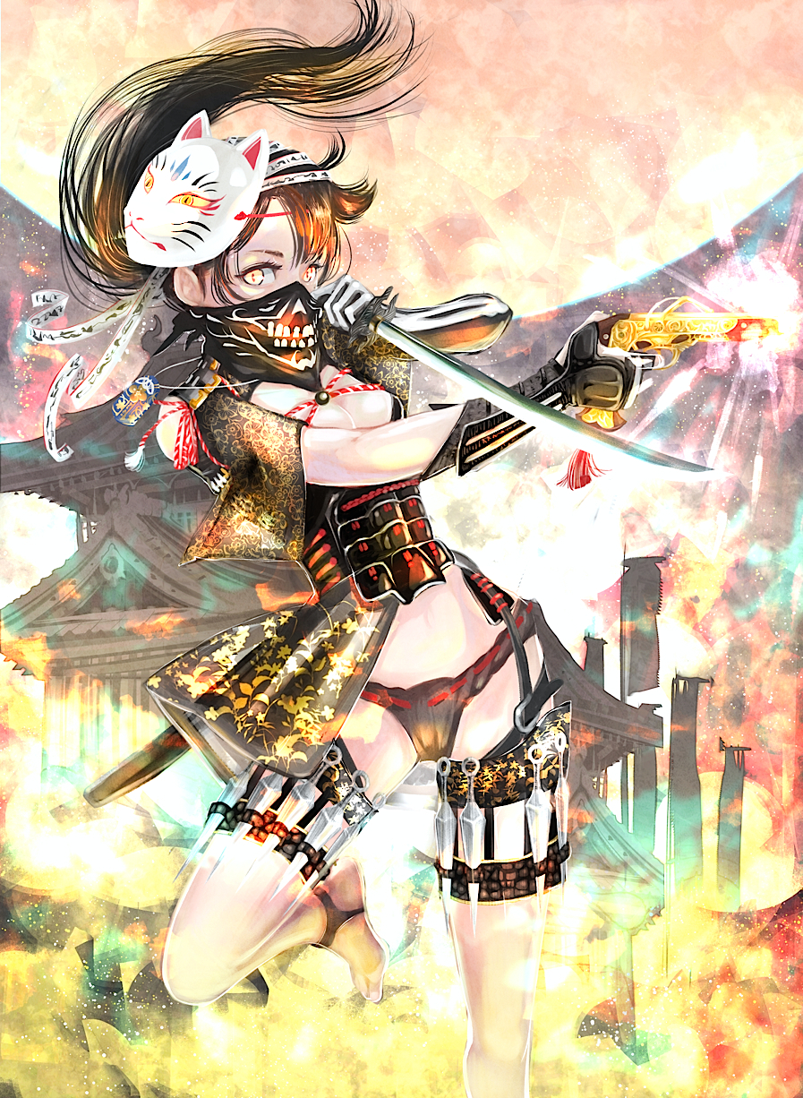 1girl, black_hair, breasts, cleavage, fox_mask, fundoshi, gun, highres