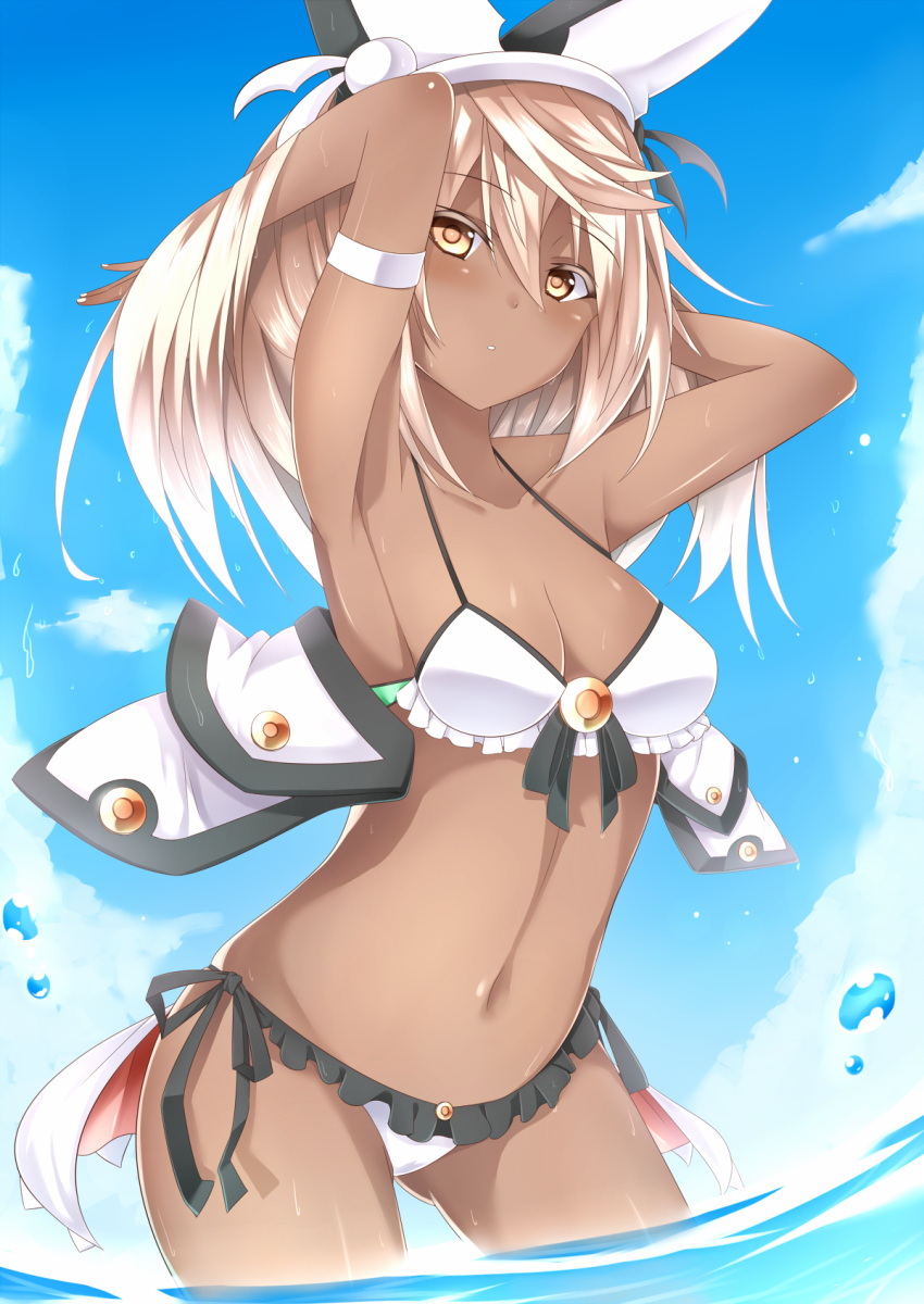 1girl, armpits, arms_up, bikini, bikini_bottom, bikini_top, blonde_hair, dark_skin