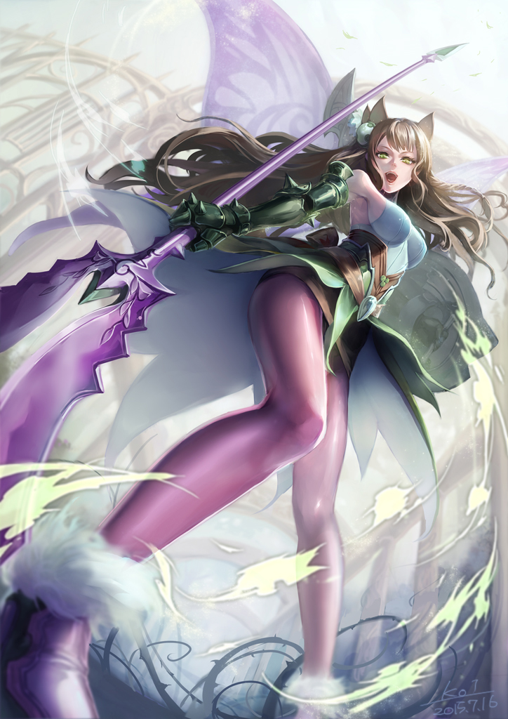 1girl, armpits, braid, breasts, brown_hair, butterfly_wings, from_below, fur_trim, gauntlets, green_eyes, green_valkyrie_(p&amp;d), long_hair, open_mouth, pantyhose, polearm, puzzle_&amp;_dragons, shield, sideboob, single_braid, sleeveless, solo, spear, wavy_hair, weapon, wings, zeroshiki_kouichi