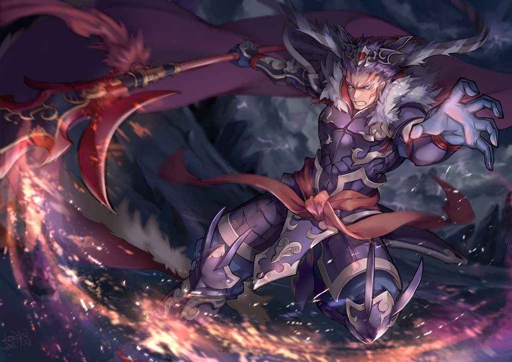 1boy, armor, black_hair, cape, facial_mark, fire, fur_trim, halberd, lu_bu_(p&amp;d), male_focus, polearm, puzzle_&amp;_dragons, solo, weapon, zeroshiki_kouichi