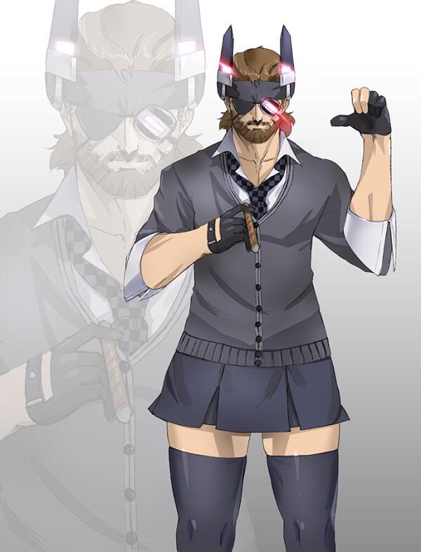 1boy, beard, big_boss, brown_hair, cigar, cosplay, crossdressinging, eyepatch