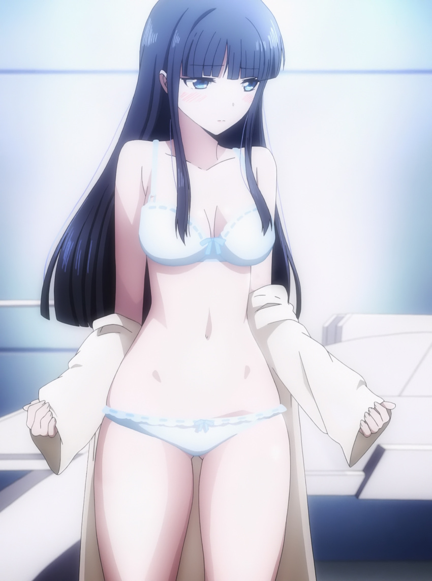 absurdres, black_hair, blue_eyes, highres, mahouka_koukou_no_rettousei, screenshots, shiba_miyuki, underwear, undress