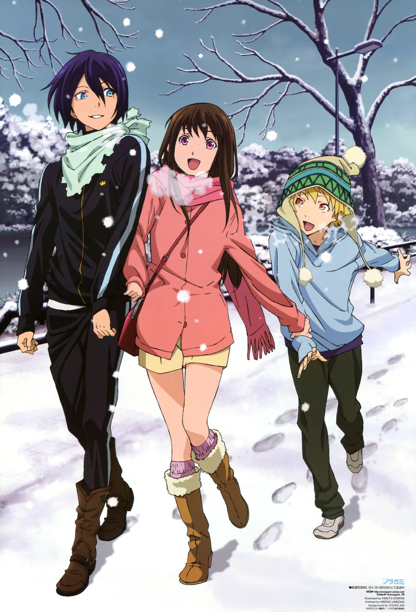 1girl, 2boys, absurdres, highres, iki_hiyori, multiple_boys, noragami, snow