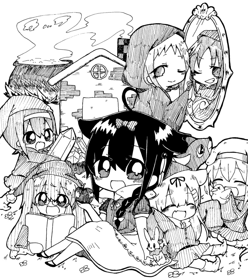 6+girls, ;), absurdres, ahoge, apple, bird, braid, closed_eyes