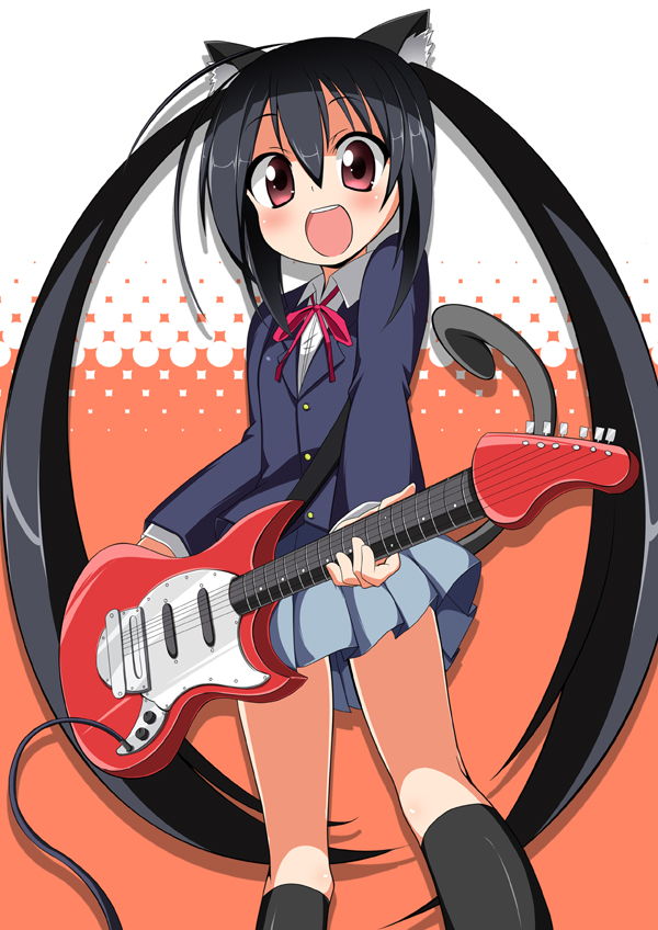 black_hair, black_legwear, cat_ears, cat_taiil, cat_tail, guitar, instrument, k-on!